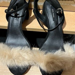 Faux fur blocked heel sandals